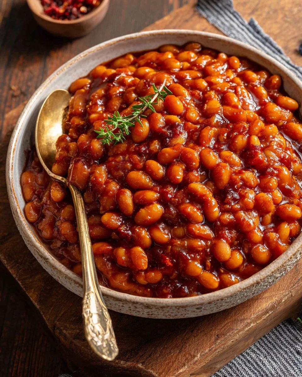Delicious homemade baked beans in a serving dish