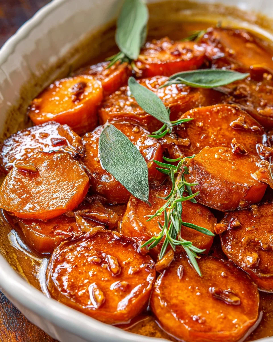 Baked candied yams served in a dish, garnished and ready to enjoy.