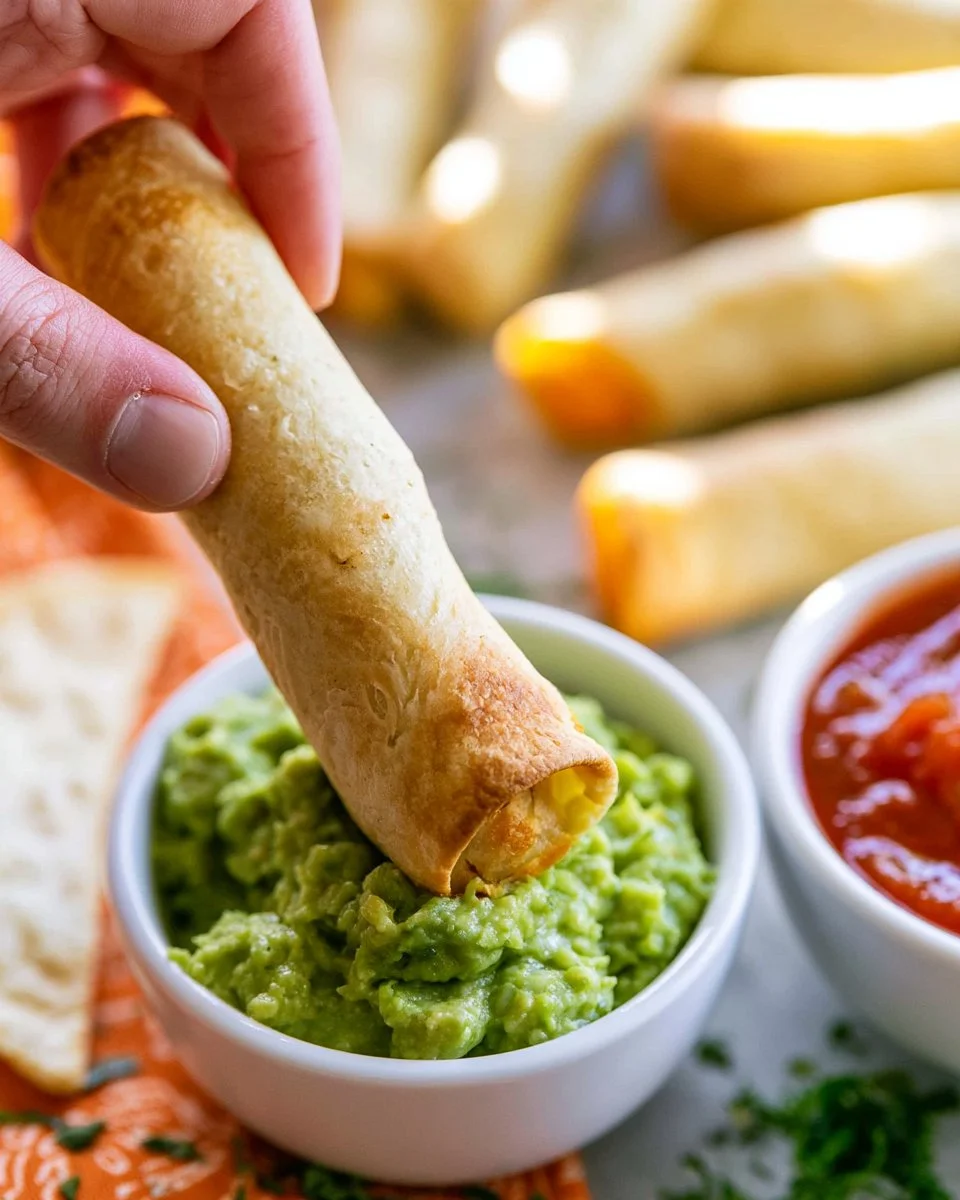 Plate of freshly baked chicken flautas with toppings