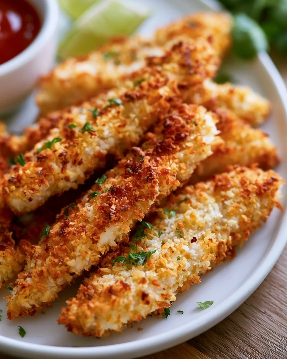 Crispy baked coconut chicken strips served with a dipping sauce