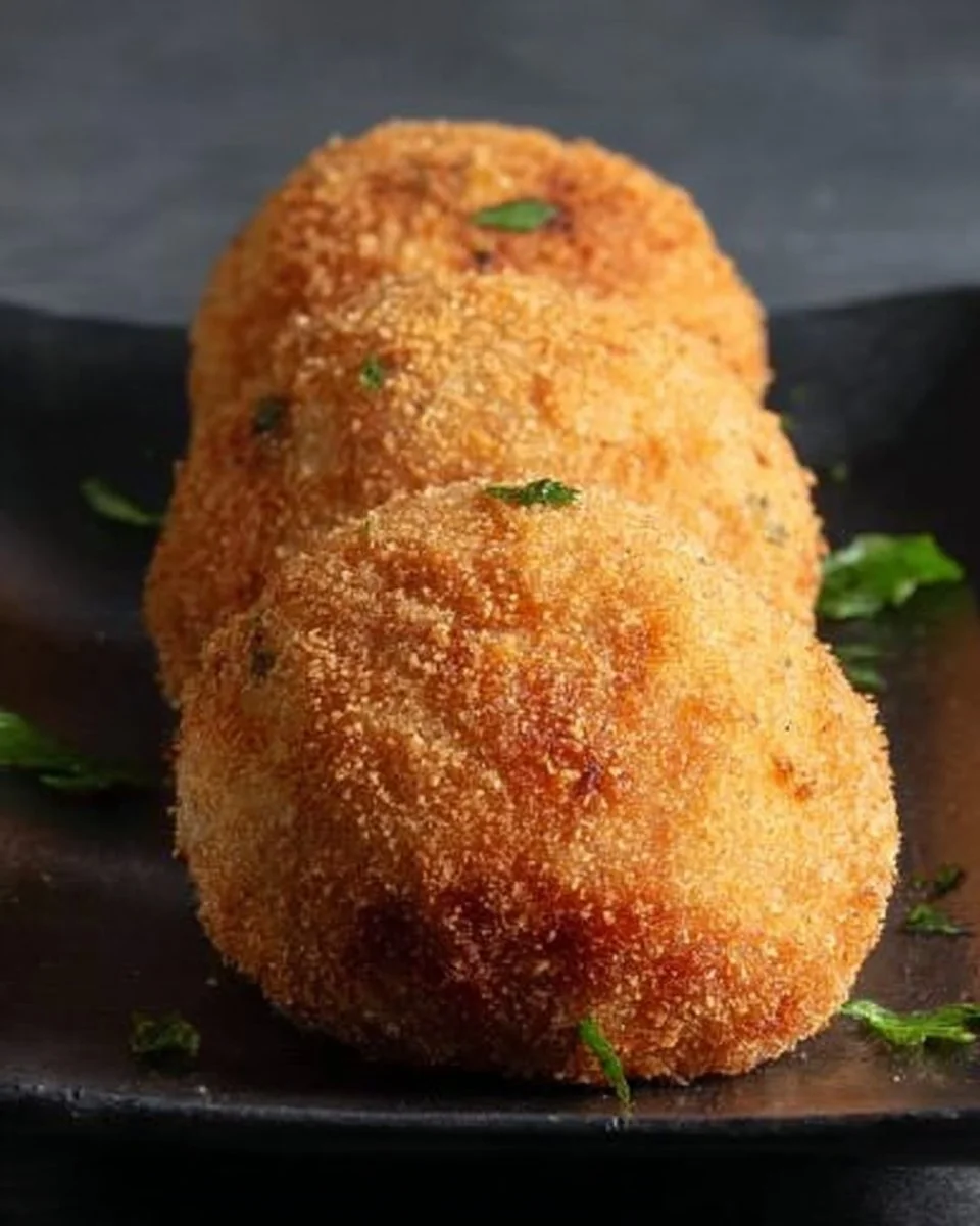 Baked Italian rice balls served on a plate with marinara sauce