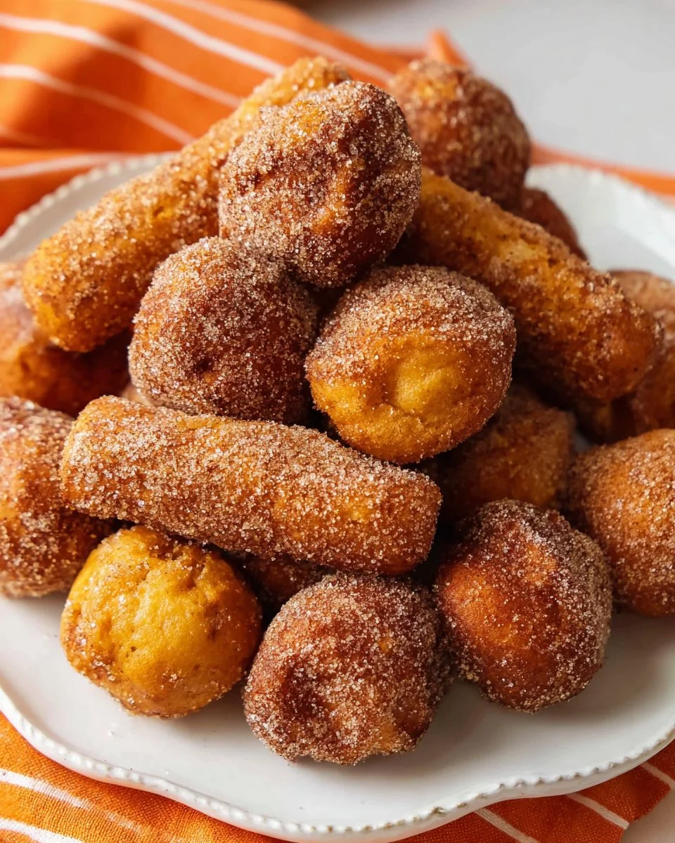Baked pumpkin donuts topped with cinnamon sugar and served on a platter