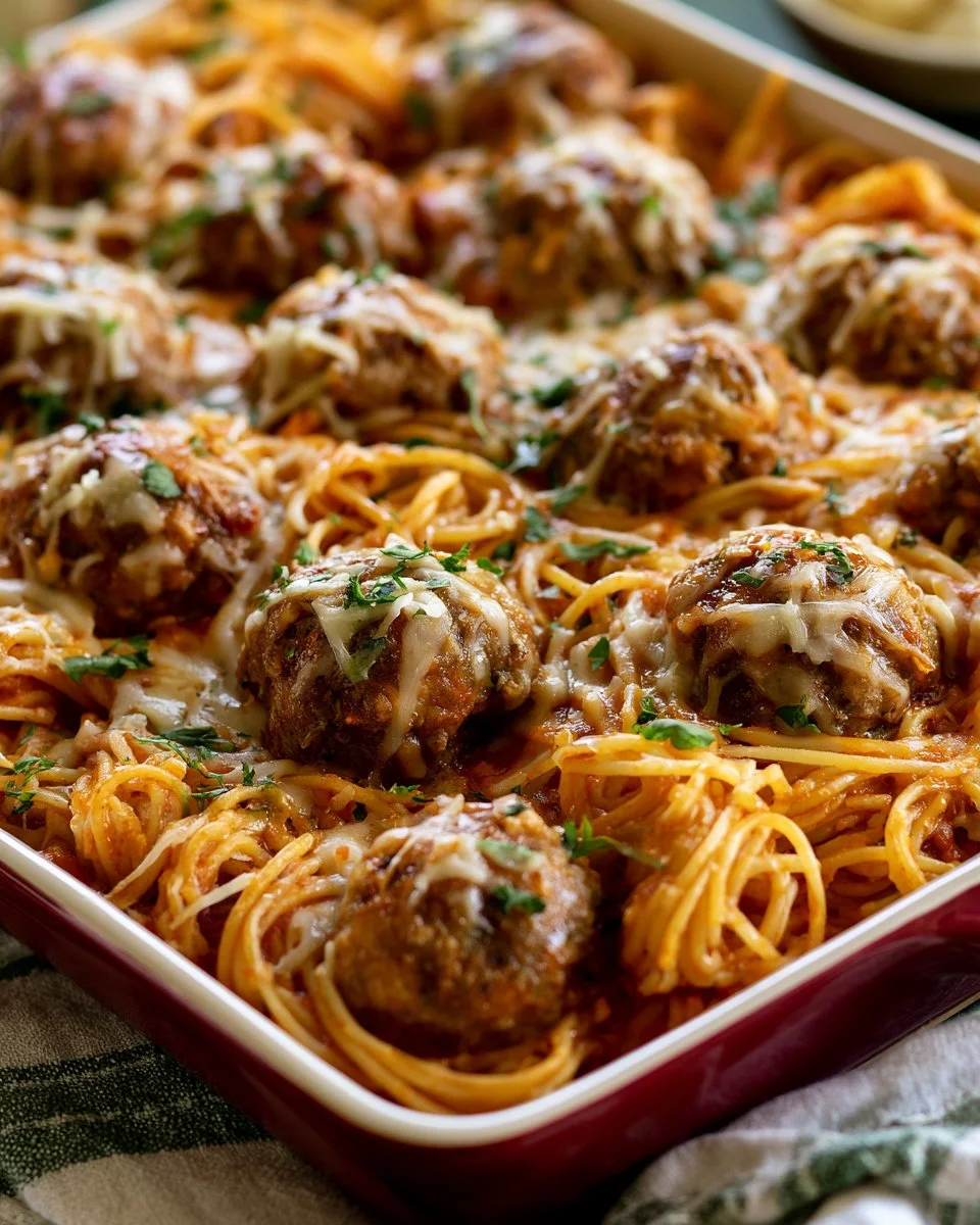 Delicious baked spaghetti and meatballs served in a ceramic dish
