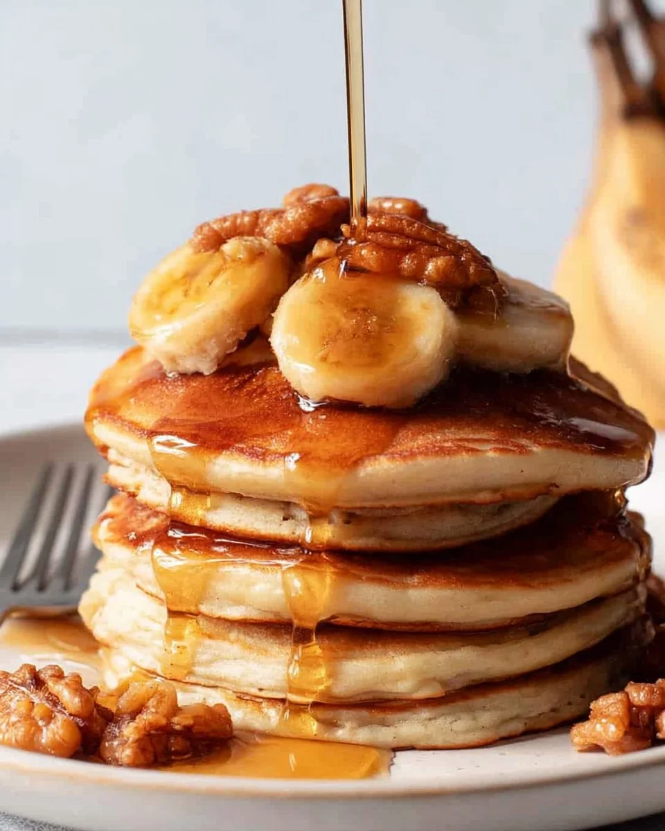 Delicious Banana Foster Pancakes with caramelized banana topping