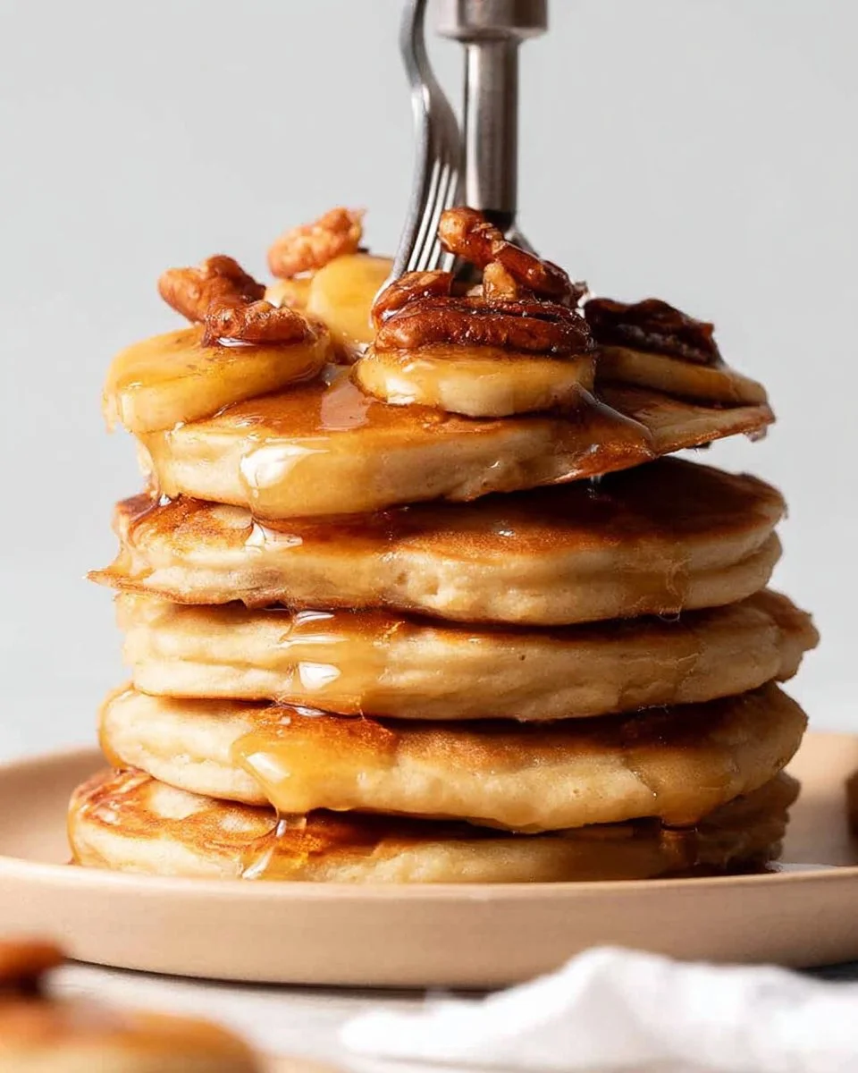 Delicious Banana Foster Pancakes topped with caramel and bananas.