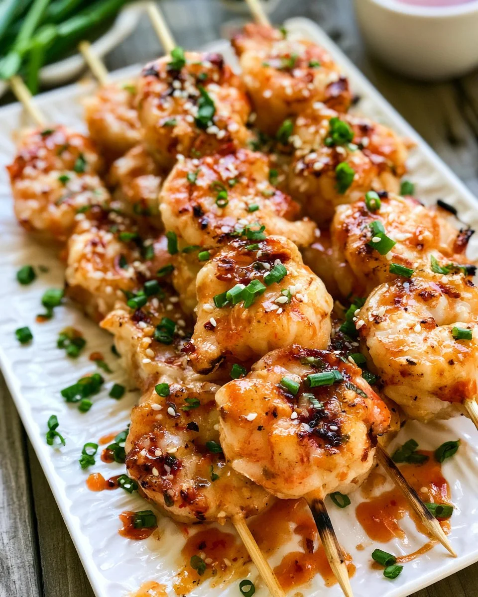 Delicious Bang Bang Shrimp Skewers served on a plate with dipping sauce.