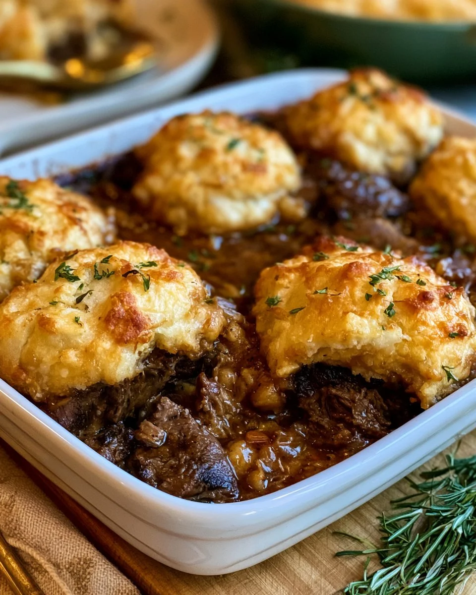 Delicious Beef Cobbler served in a rustic dish