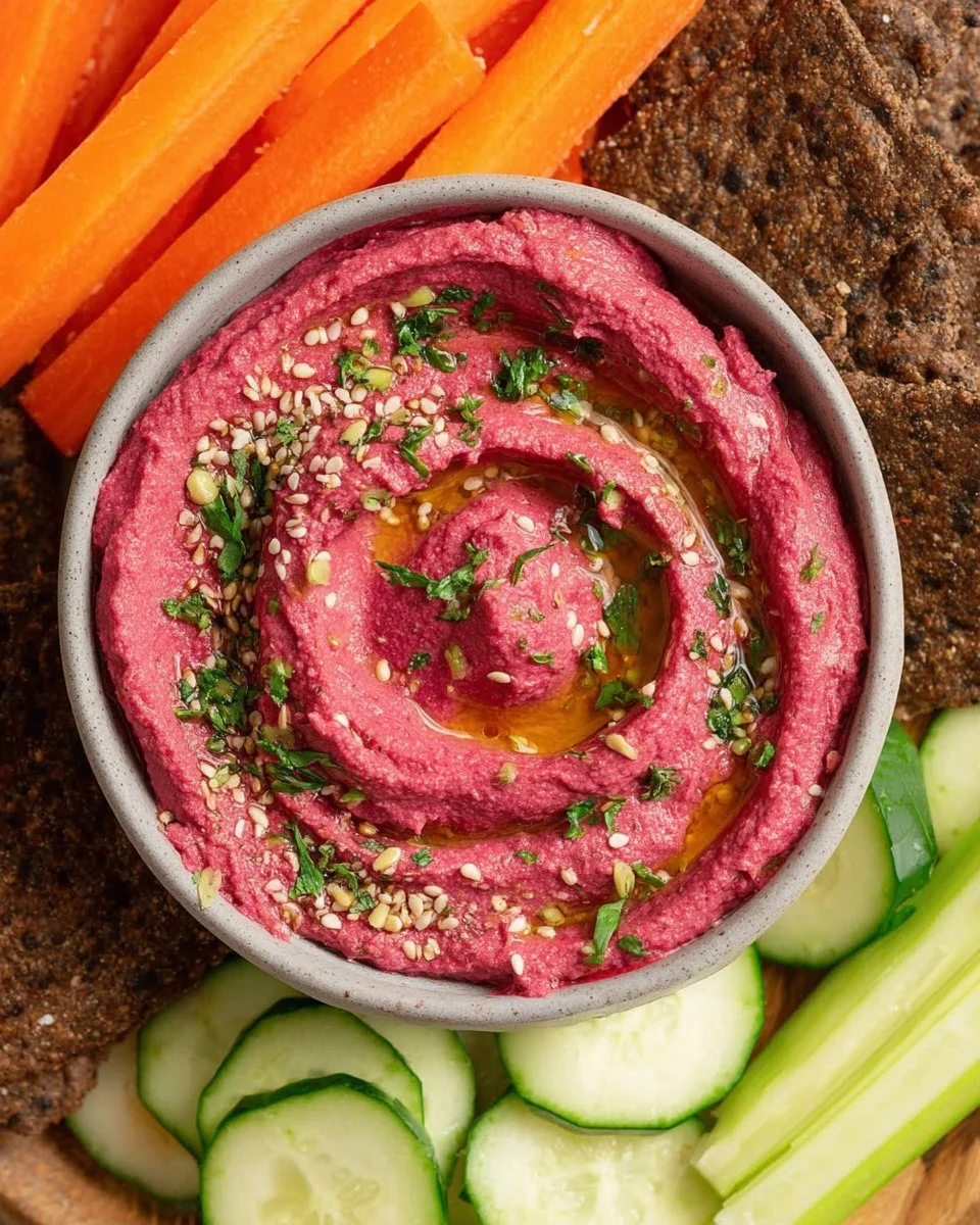 Homemade beet hummus served in a bowl with fresh vegetables