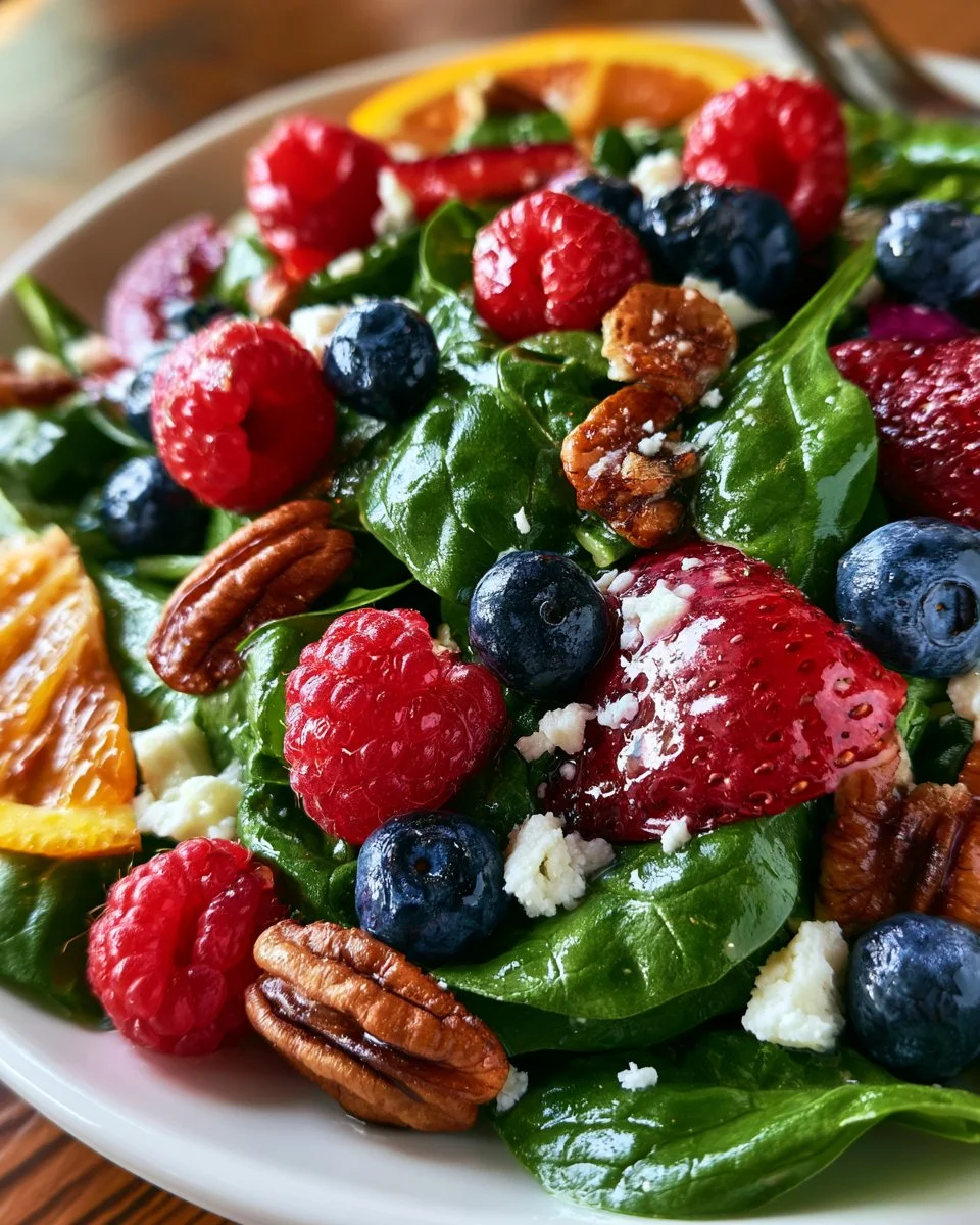Berry Spinach Salad topped with fresh blueberries and raspberries