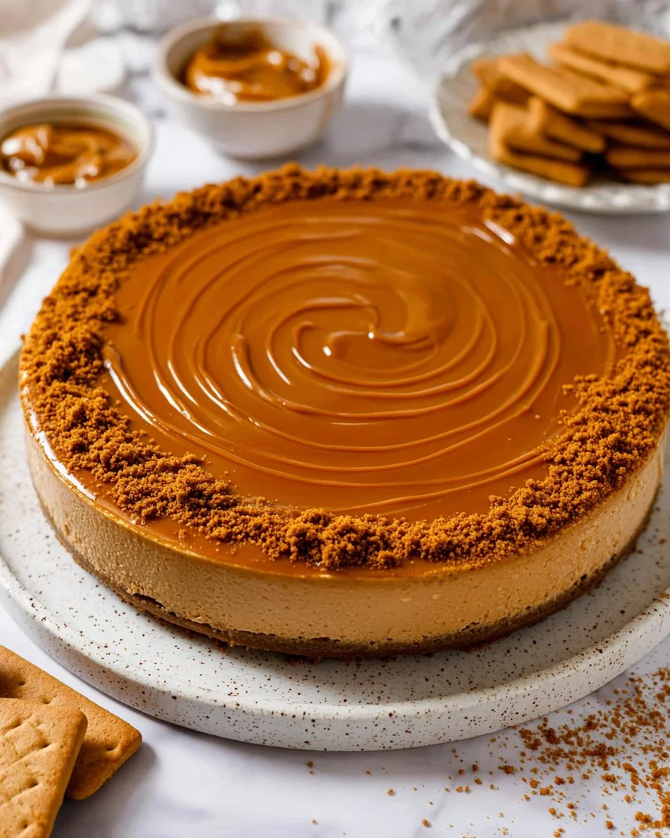 Slice of creamy Biscoff Cheesecake with a cookie crust and caramel drizzle