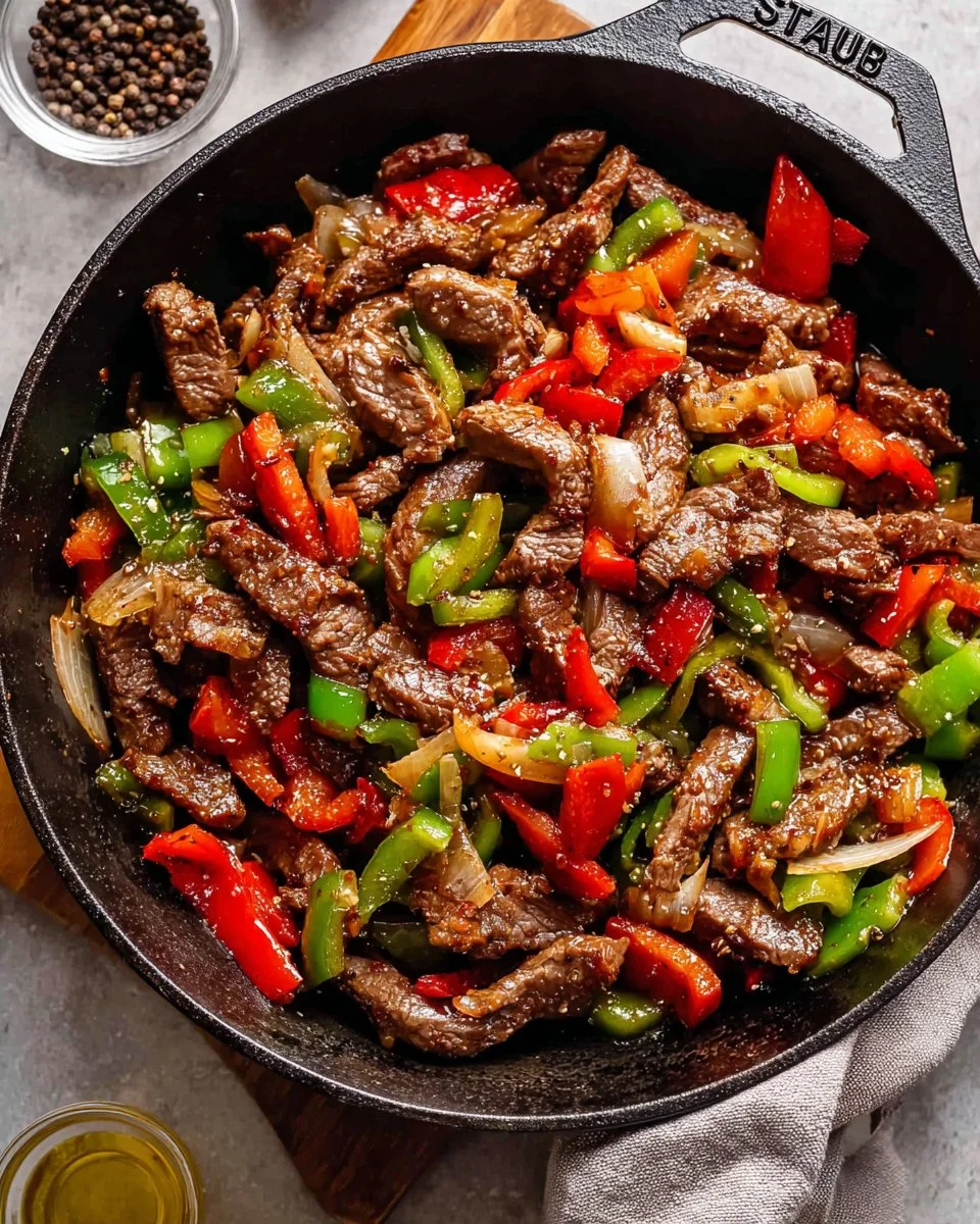 Delicious black pepper beef served with vegetables and rice on a plate.