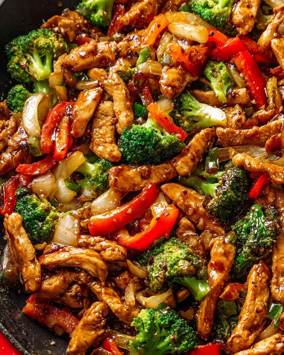 Plate of delicious black pepper chicken with vegetables prepared in a savory sauce.