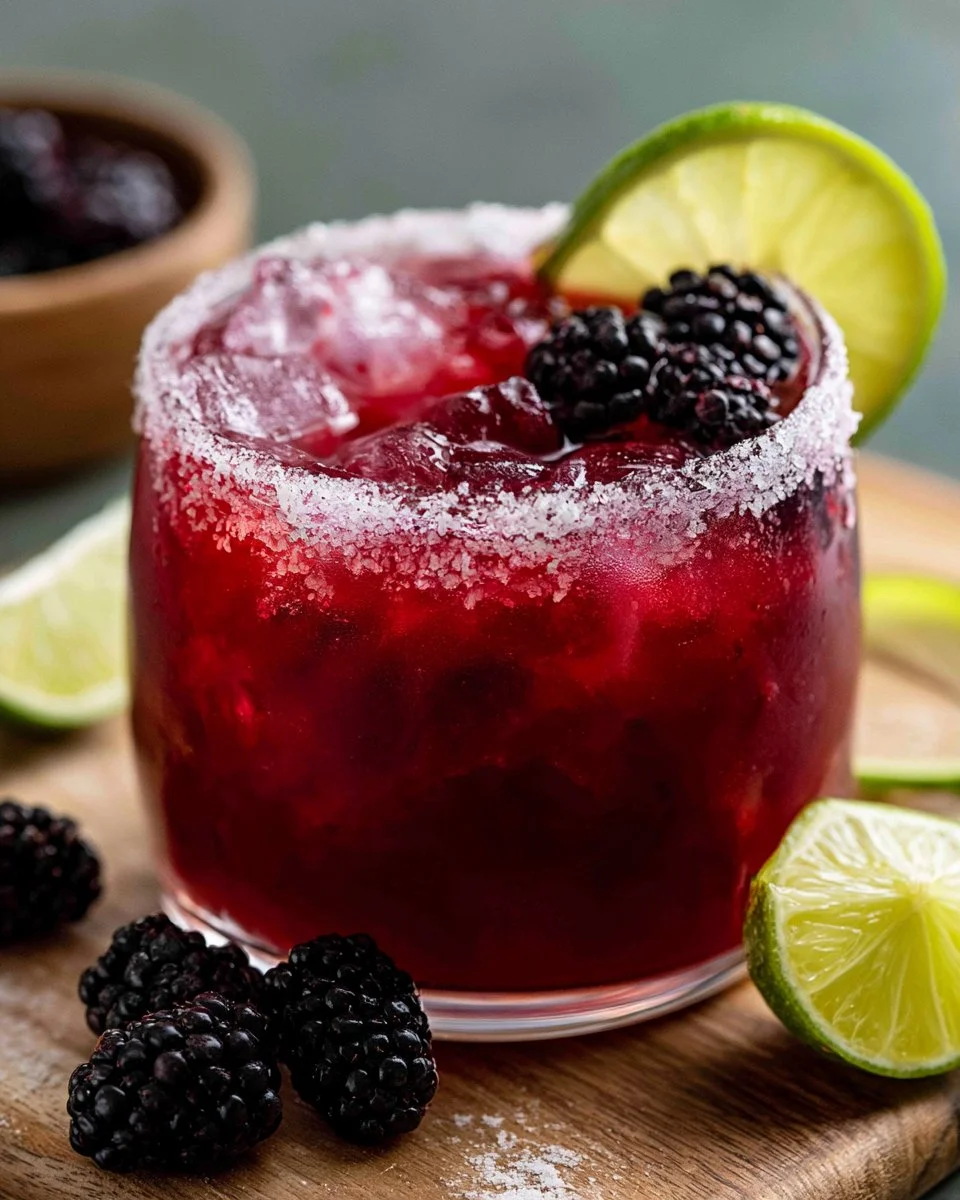 A vibrant Blackberry Margarita served in a glass with fresh blackberries and lime.