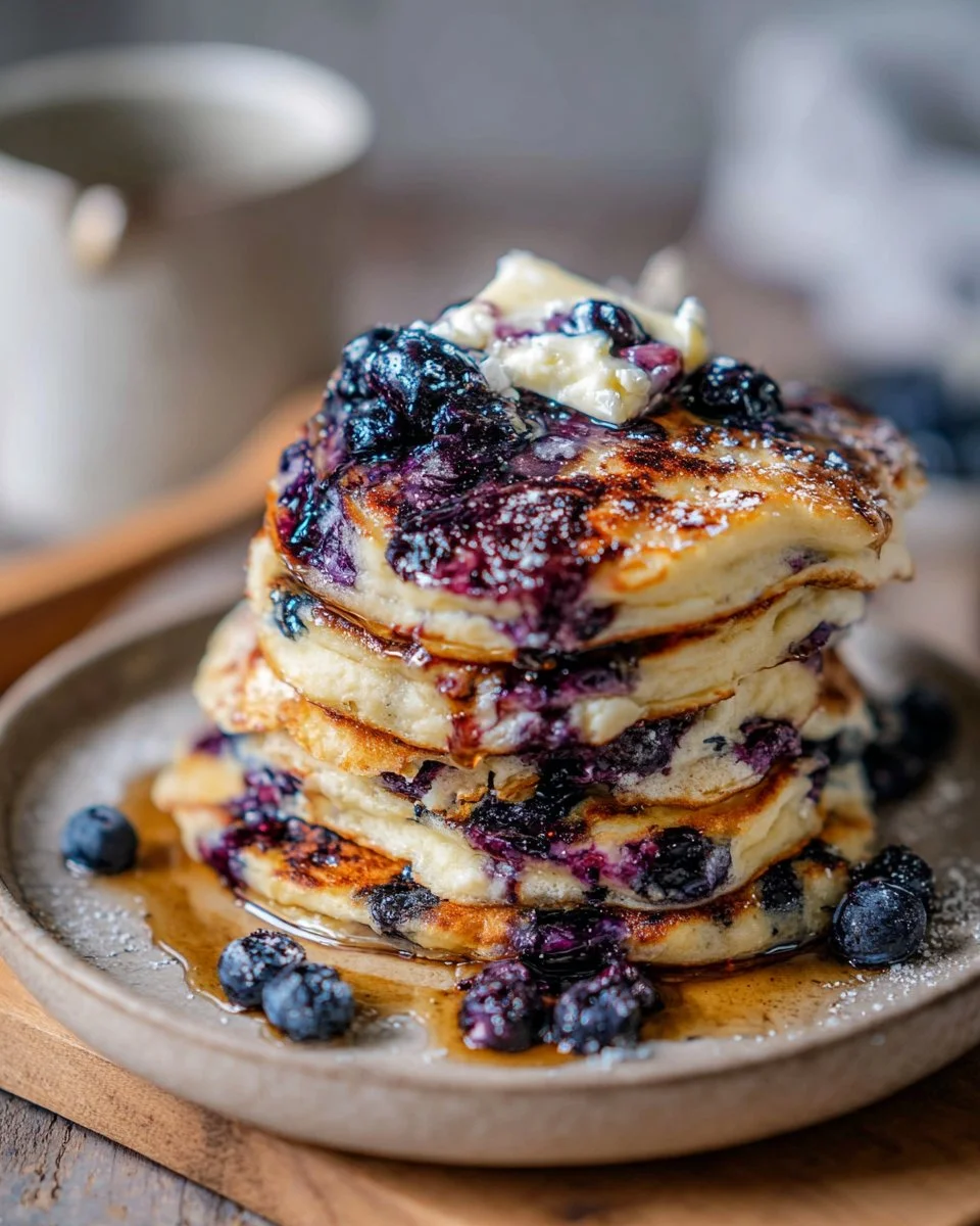 Delicious blender blueberry oat pancakes topped with fresh blueberries