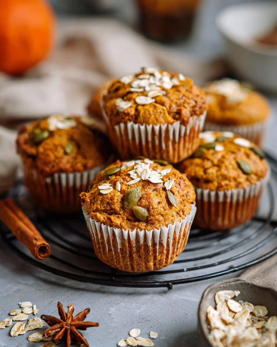 Blender pumpkin oat muffins with Greek yogurt on a rustic wooden table