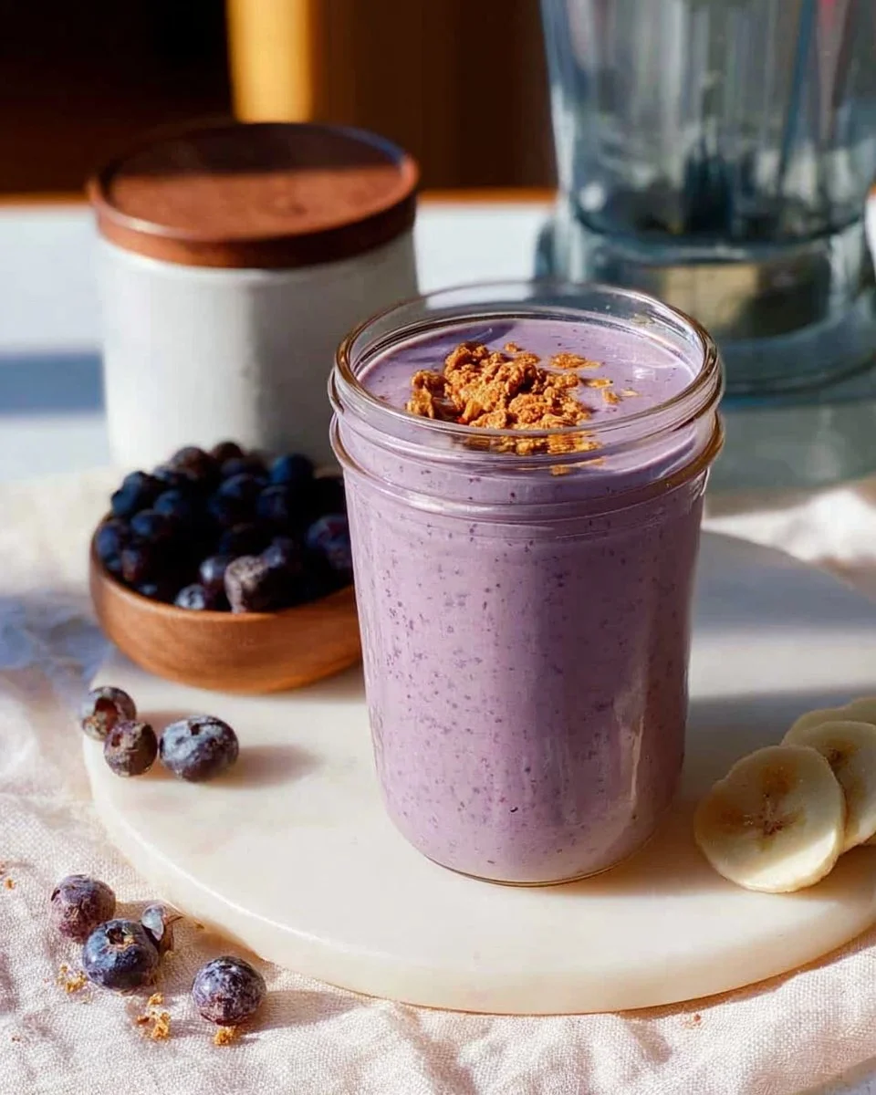 Blueberry Banana Protein Smoothie in a glass with fresh fruits