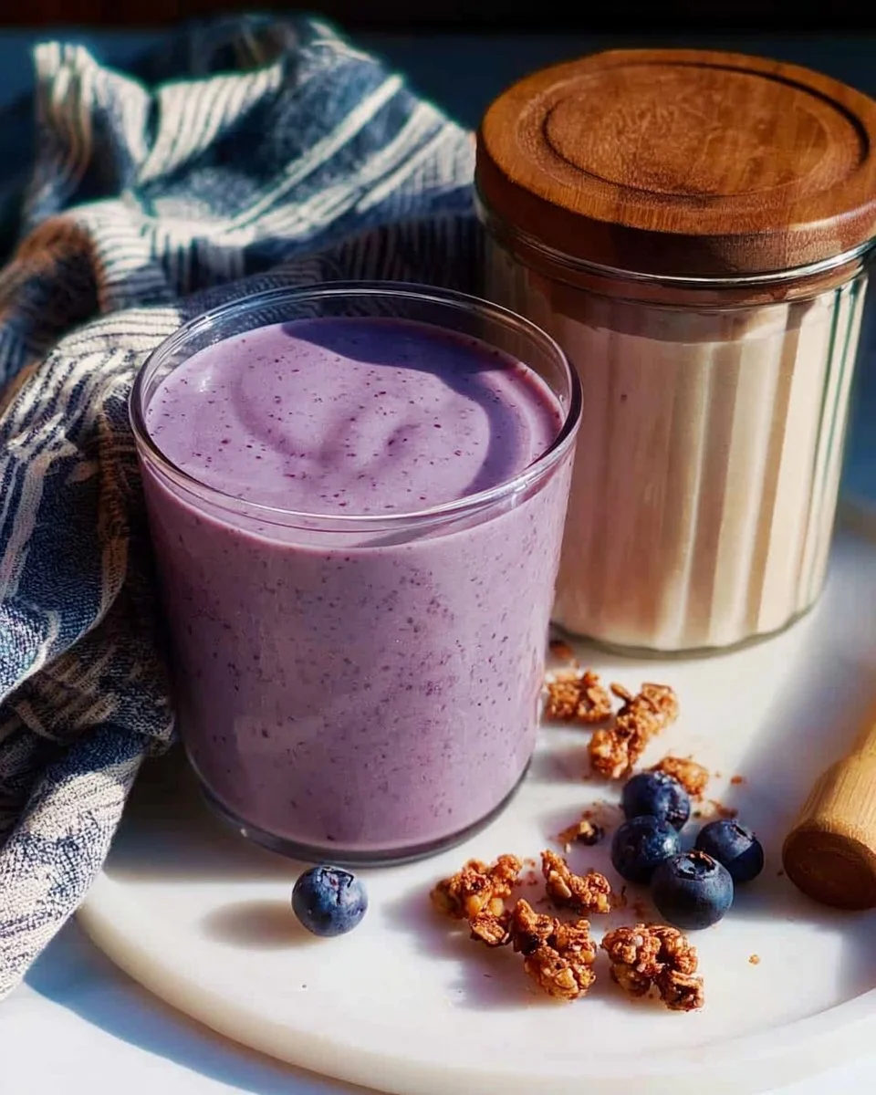 Blueberry Banana Protein Smoothie in a glass with a straw