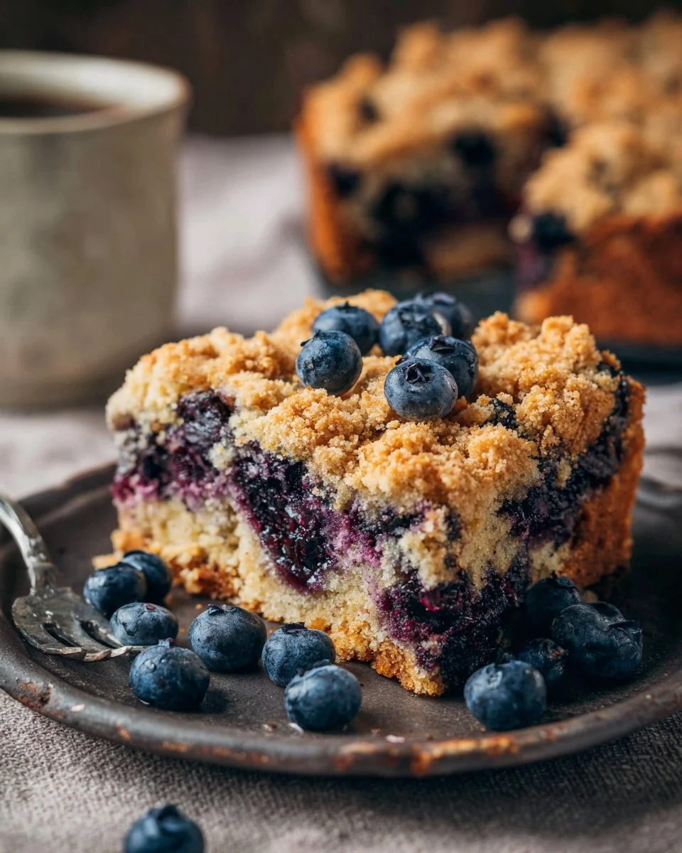 Homemade blueberry buckle topped with fresh blueberries and crumble.