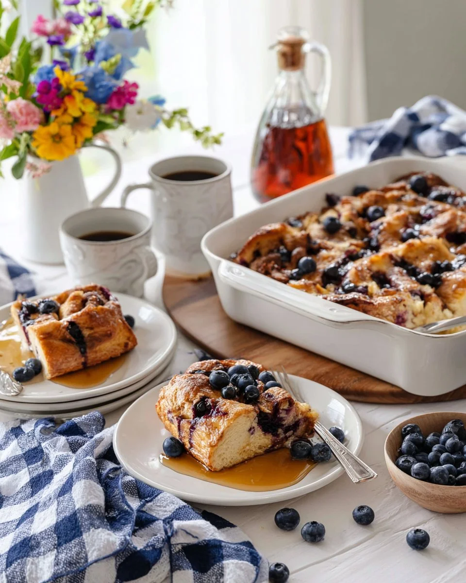 Blueberry French Toast Casserole fresh out of the oven, topped with blueberries.