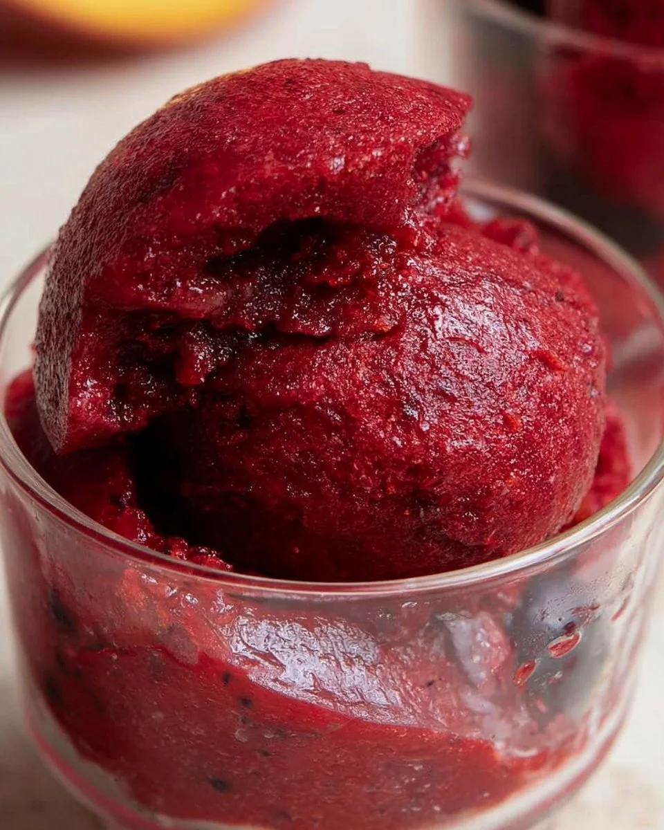 Delicious blueberry peach sorbet served in a bowl with fresh fruits on the side.
