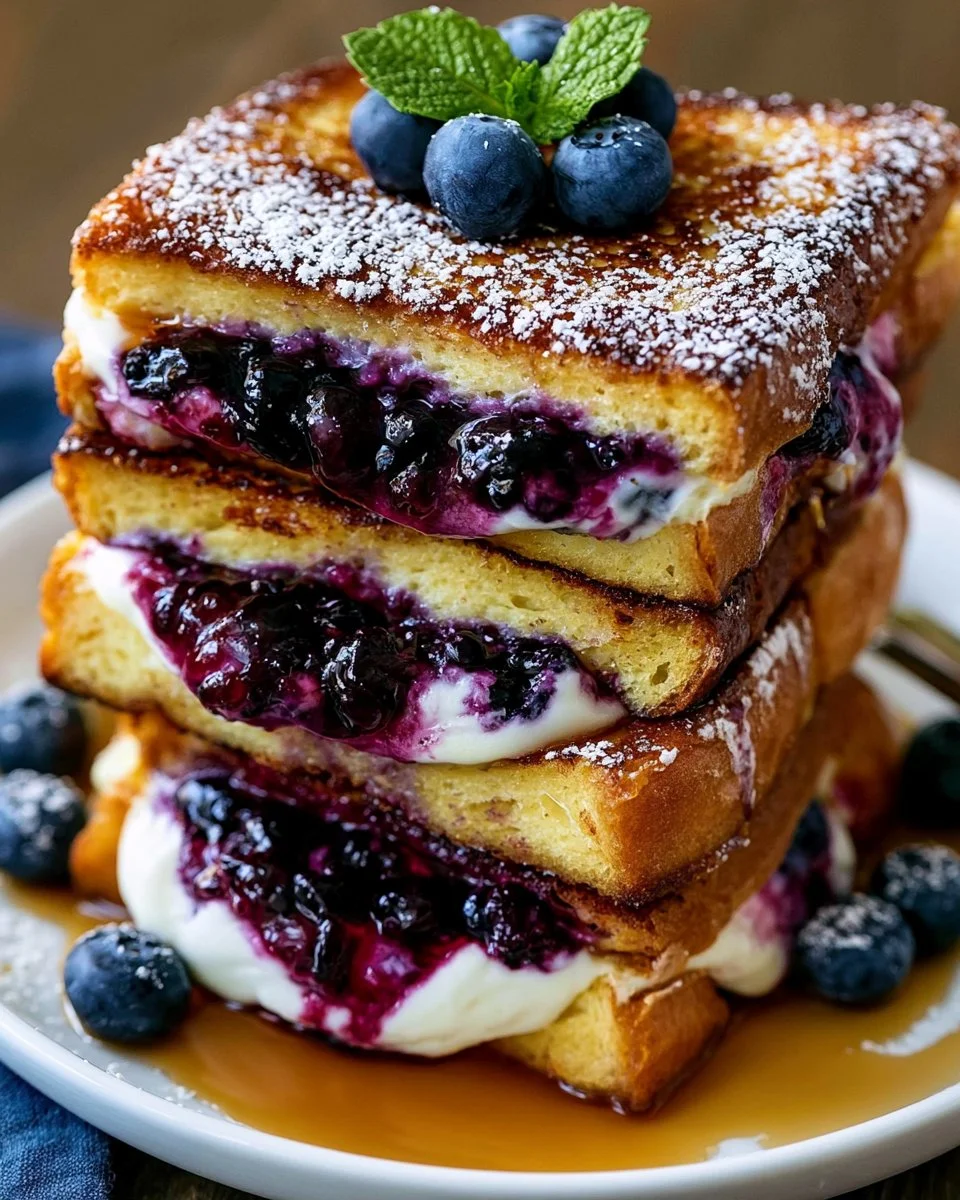 Plate of blueberry stuffed French toast with fresh berries and syrup