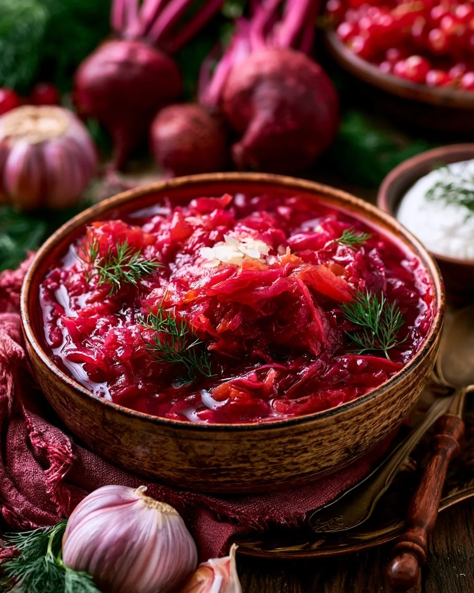 Bowl of vibrant red borscht topped with sour cream and fresh dill