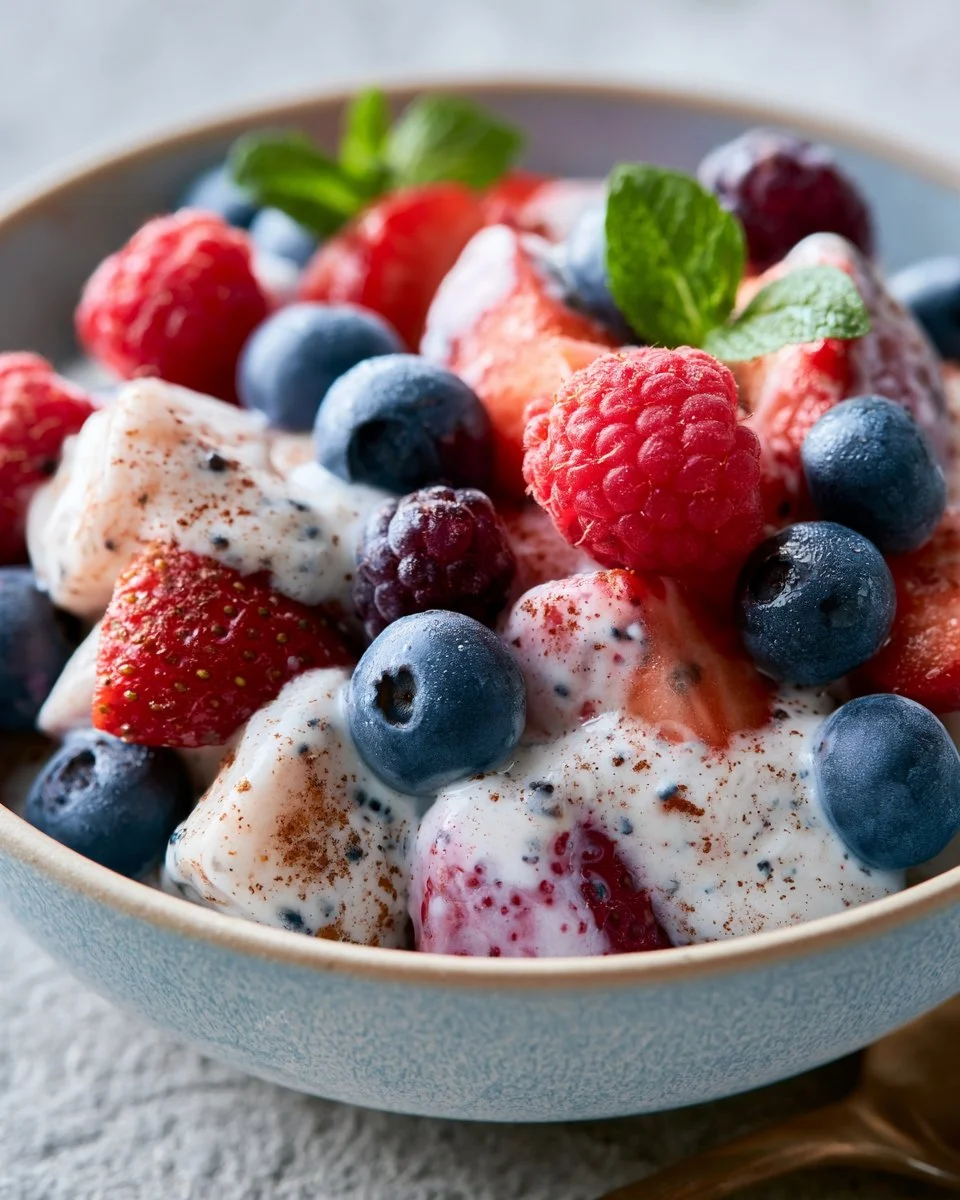 Colorful breakfast fruit salad with yogurt served in a bowl