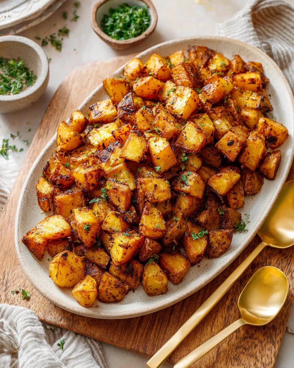 Plate of crispy breakfast potatoes served with herbs and spices