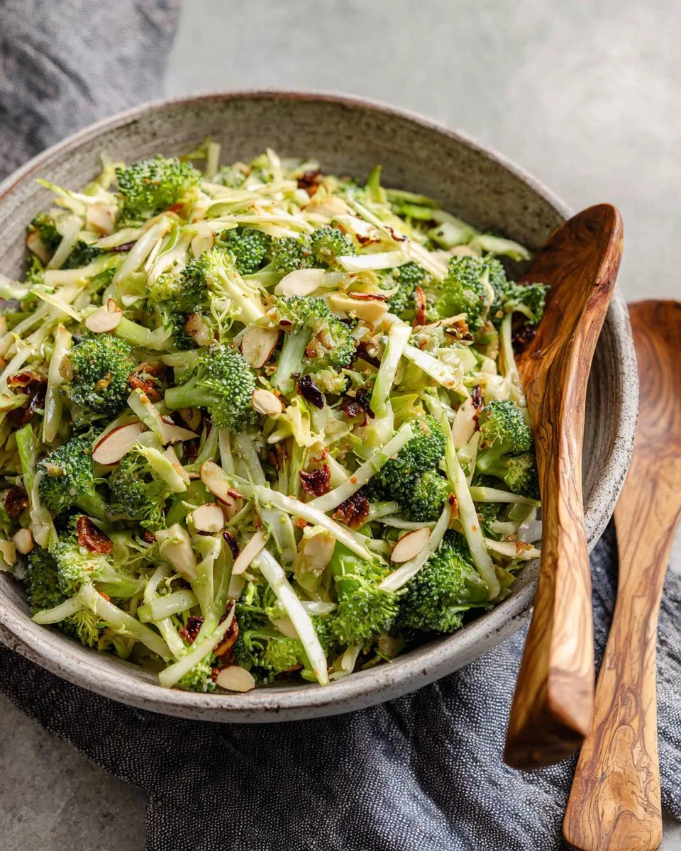 Fresh broccoli slaw salad with colorful vegetables and dressing