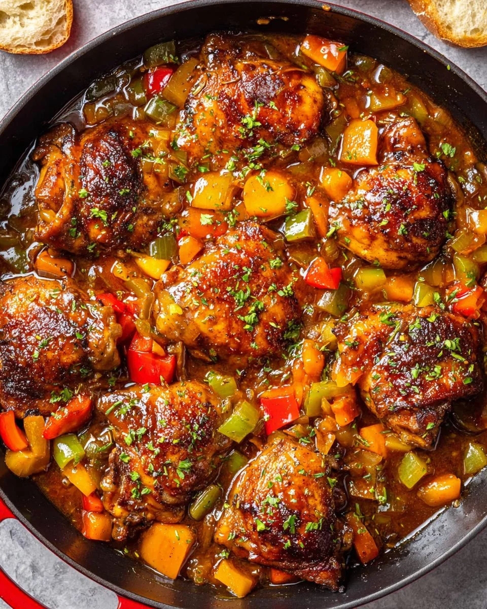 A delicious plate of Brown Stew Chicken served with rice and vegetables.
