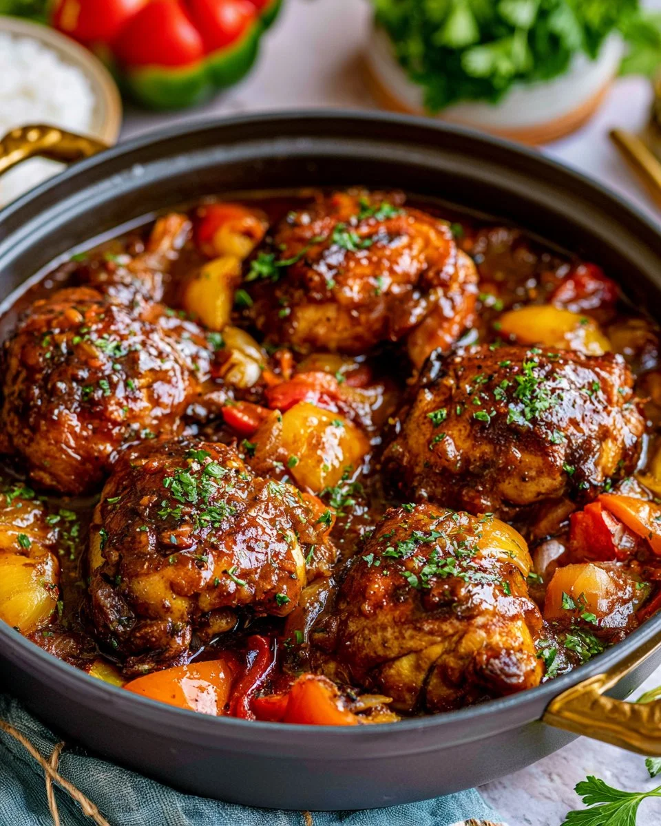 A delicious plate of Brown Stew Chicken garnished with herbs and served with rice.
