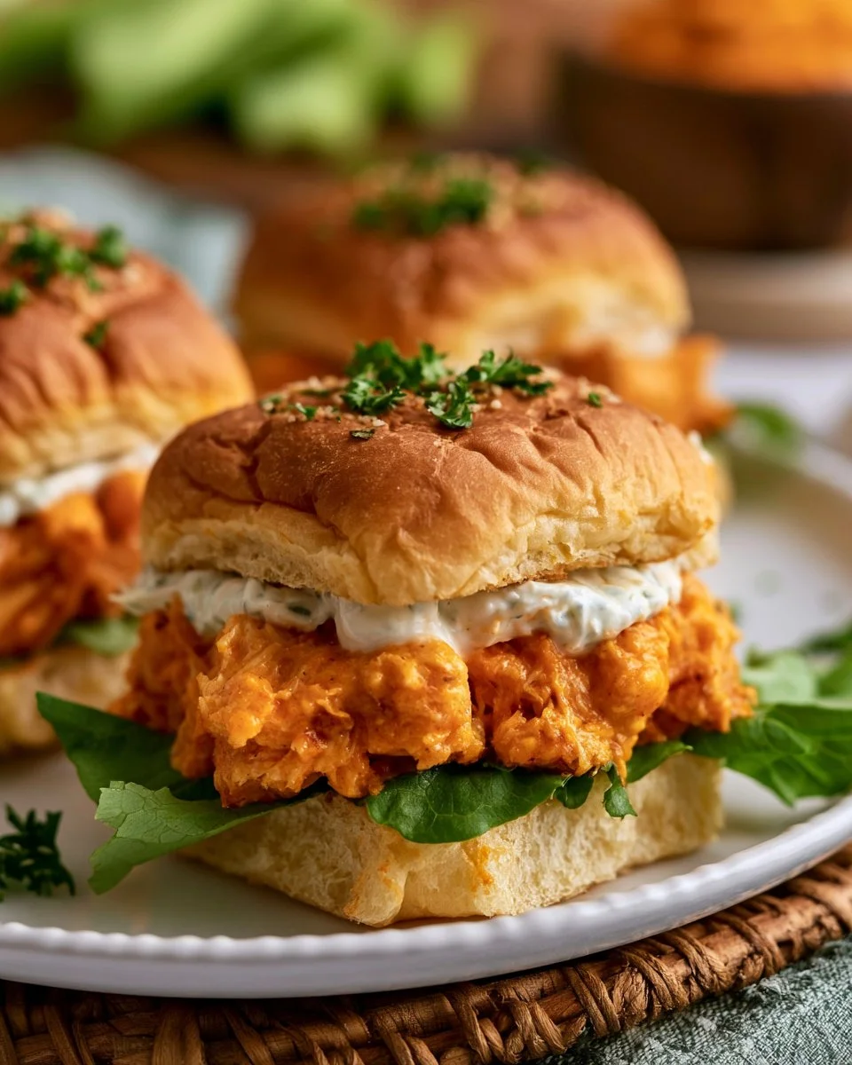 Plate of delicious Buffalo Chicken Sliders topped with lettuce and sauce
