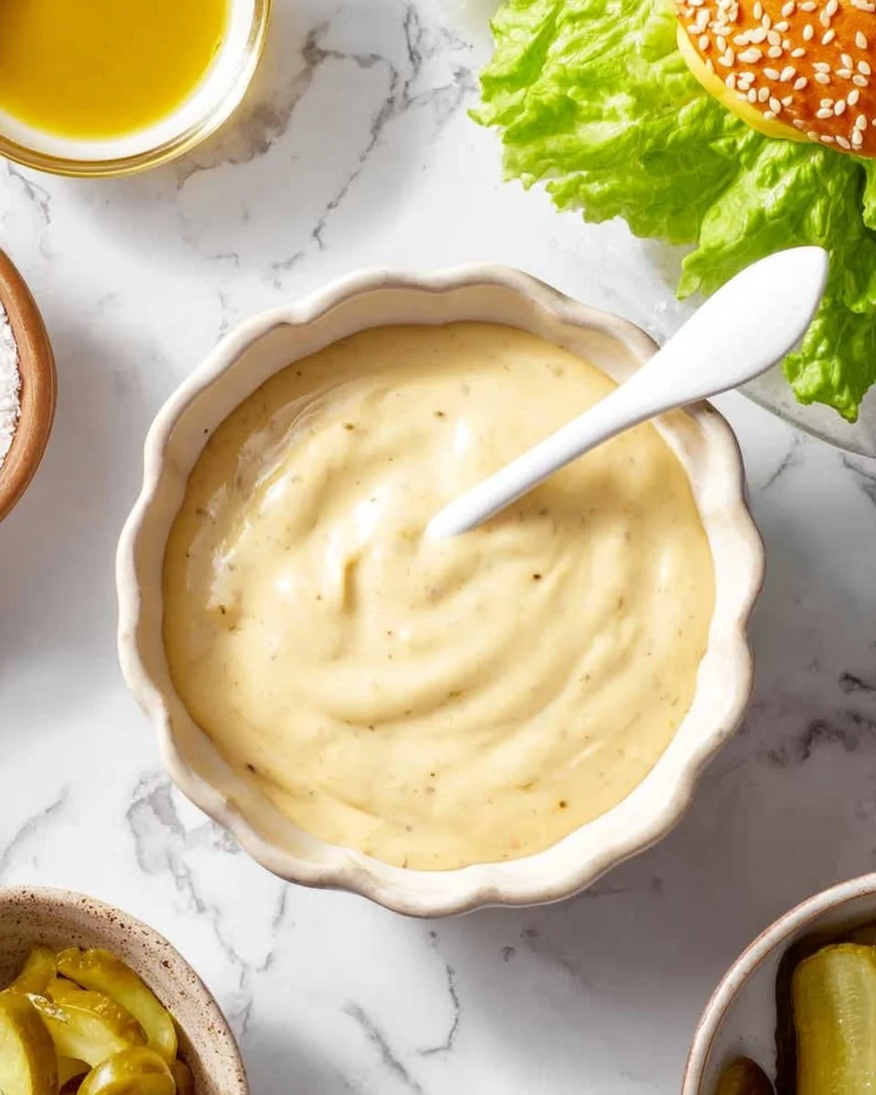 A delicious homemade burger sauce in a bowl alongside ingredients.