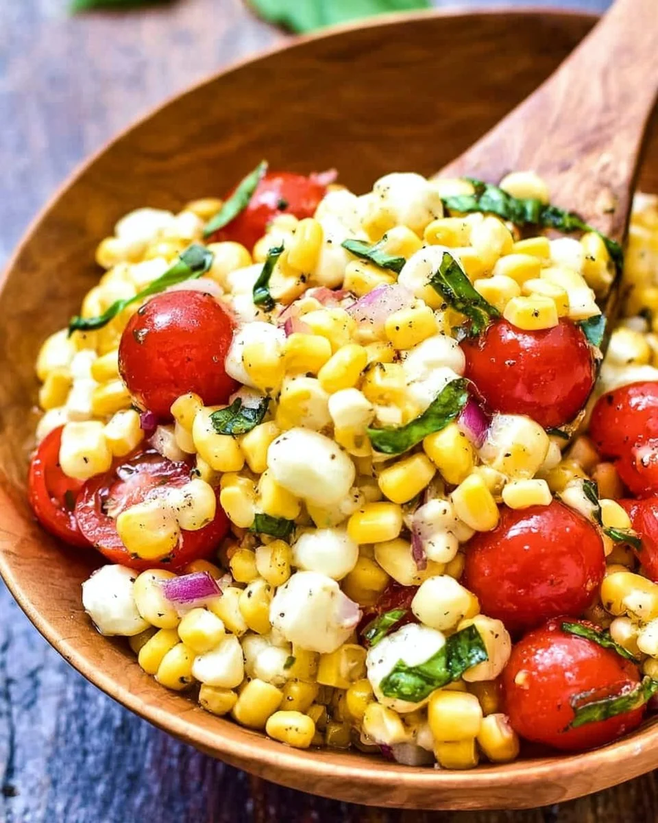 Delicious Caprese Corn Salad with tomatoes, basil, and corn in a bowl.