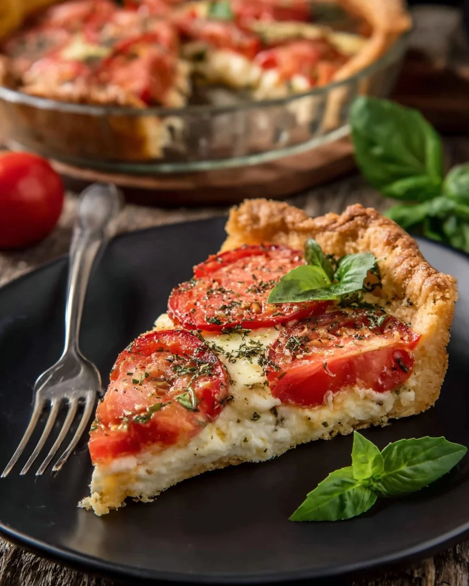 Delicious homemade Caprese Tart with fresh mozzarella, tomatoes, and basil.