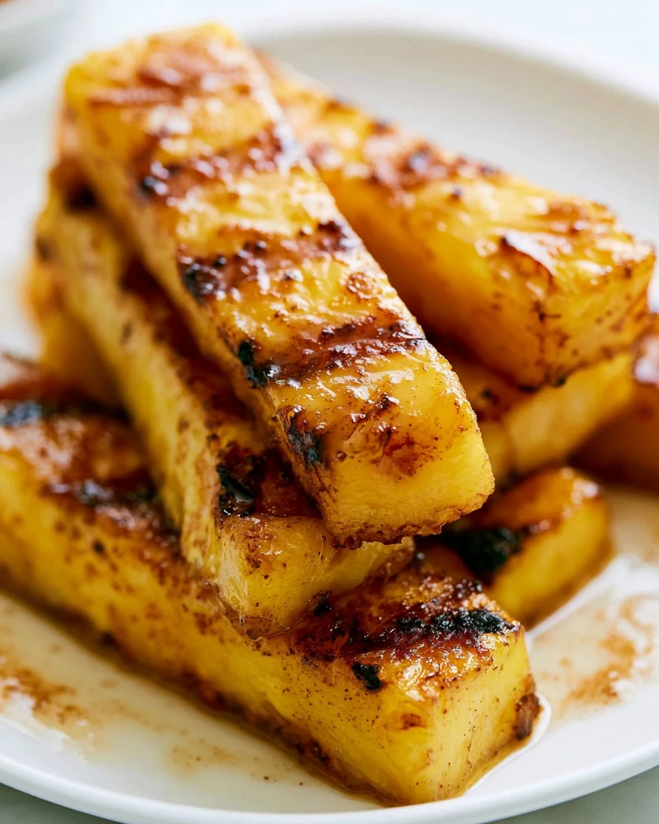 Caramelized brown sugar cinnamon grilled pineapple on a barbecue grill.