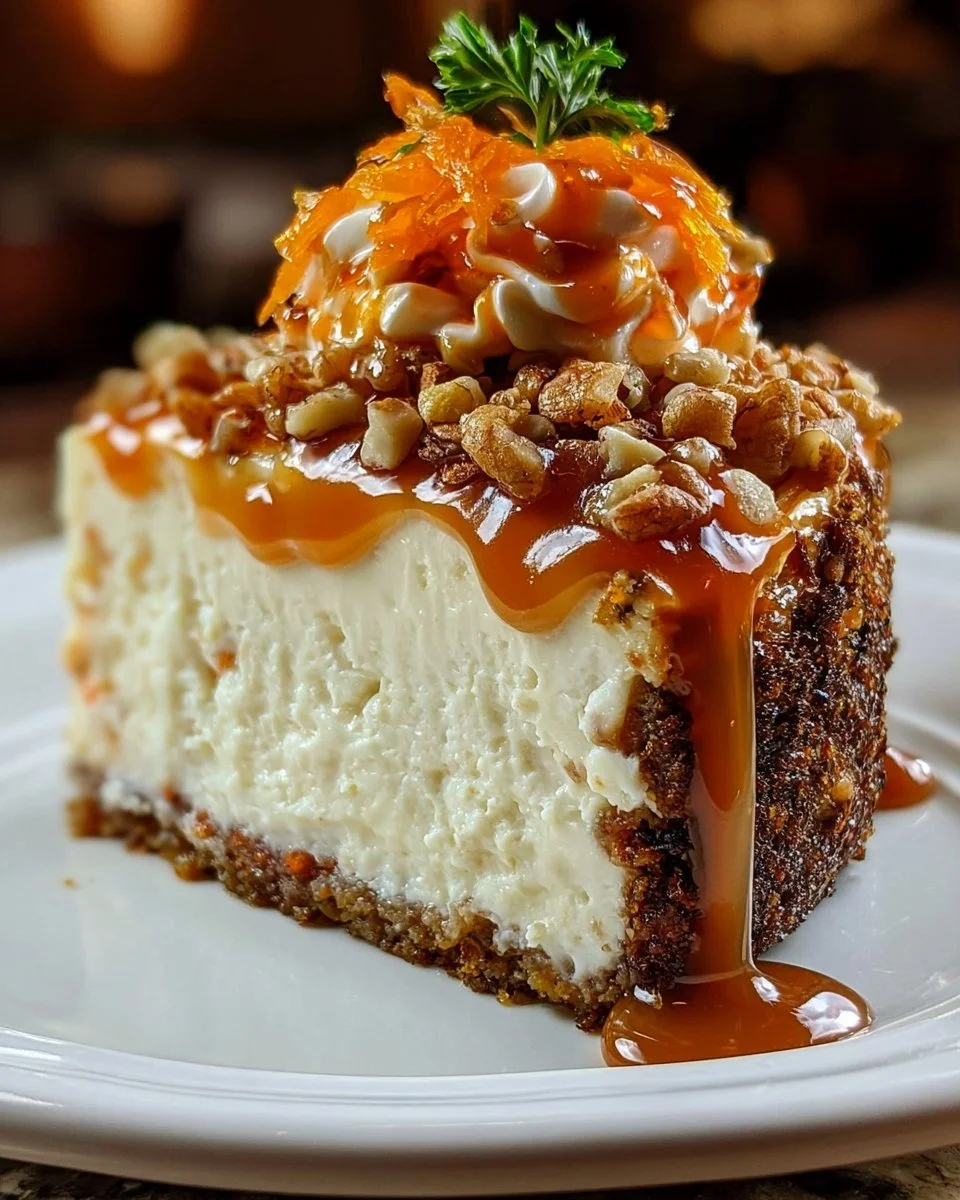 Delicious carrot cake cheesecake topped with cream cheese frosting and walnuts