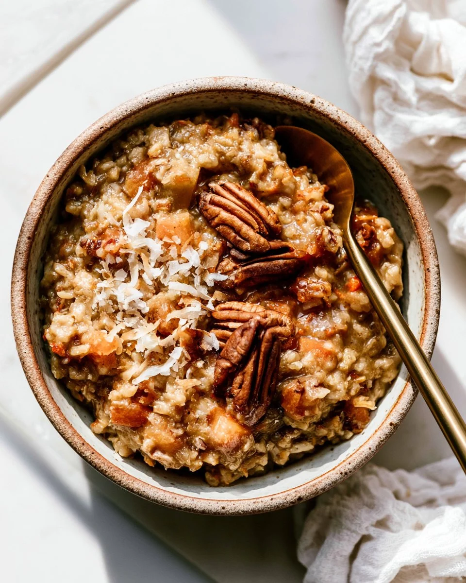 Bowl of carrot cake oatmeal topped with nuts and raisins