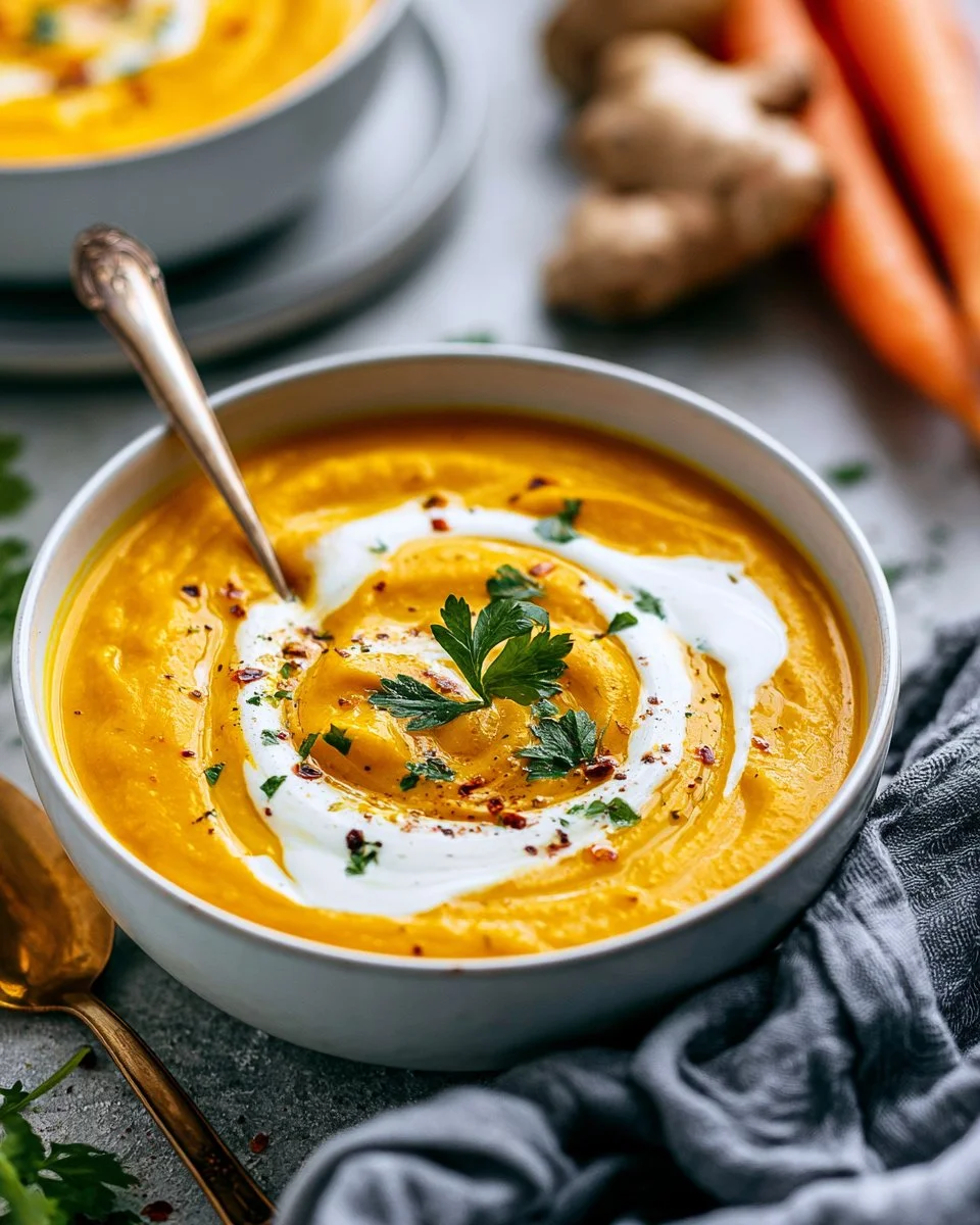Bowl of fresh Carrot Ginger Soup garnished with herbs and spices