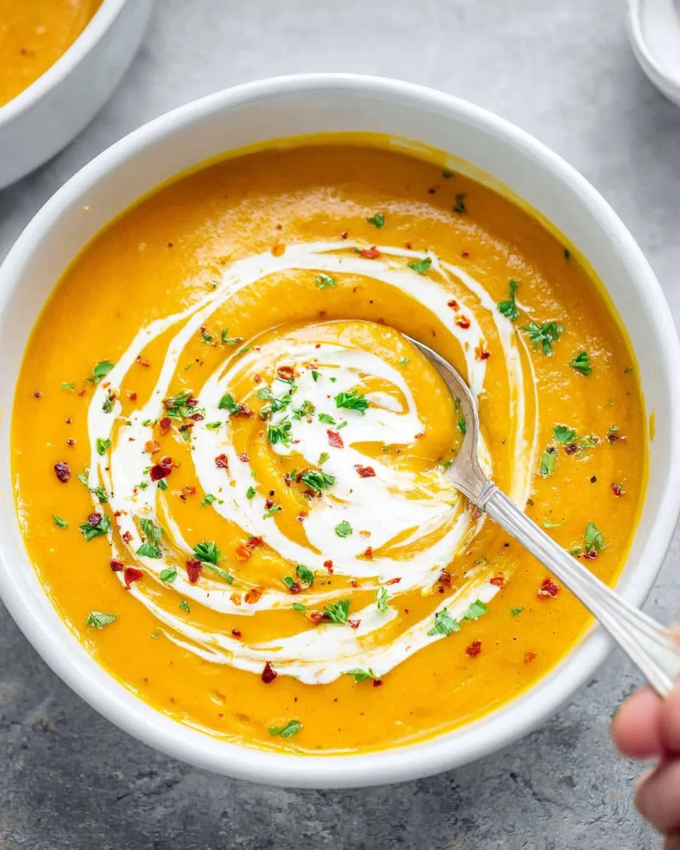 Bowl of carrot ginger soup garnished with fresh herbs and spices