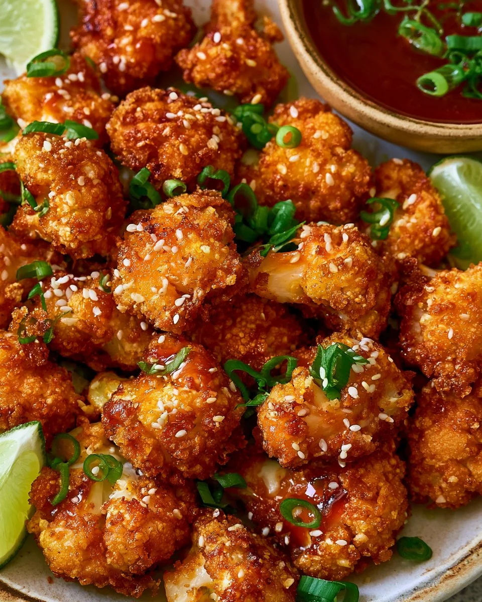 Crispy cauliflower bites served with a dipping sauce on a plate