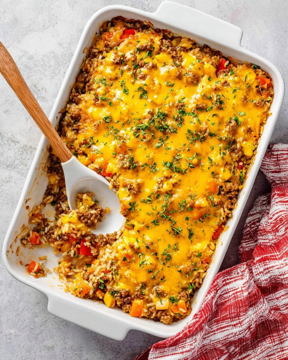 Cheesy Beef and Rice Bake served in a dish, topped with melted cheese.