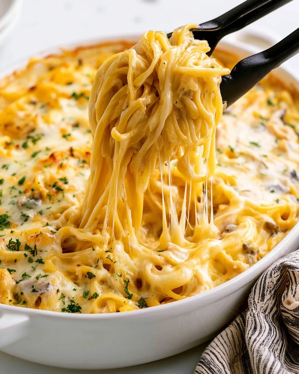 Cheesy chicken spaghetti dish served on a plate with a fresh garnish