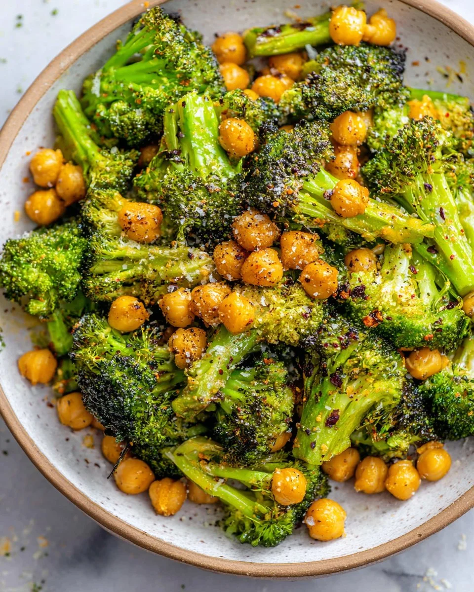 Cheesy roasted broccoli and chickpeas served on a plate