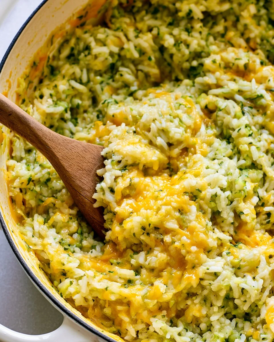 Delicious cheesy zucchini rice served in a bowl with fresh herbs