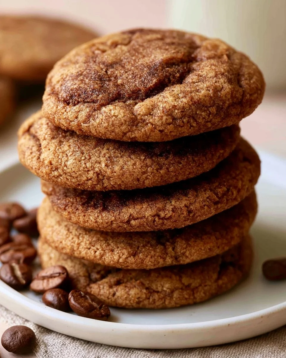 Chewy coffee cookies on a plate with coffee beans