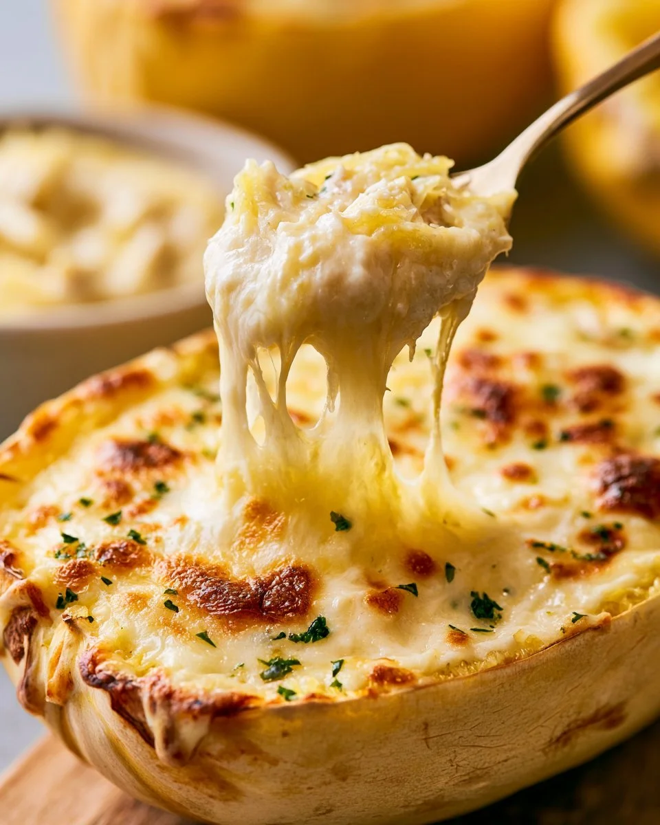 Creamy Chicken Alfredo served with spaghetti squash for a healthy twist