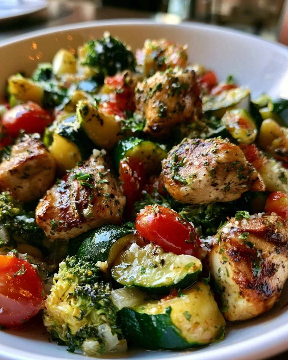 Chicken and vegetable skillet dish served in a pan