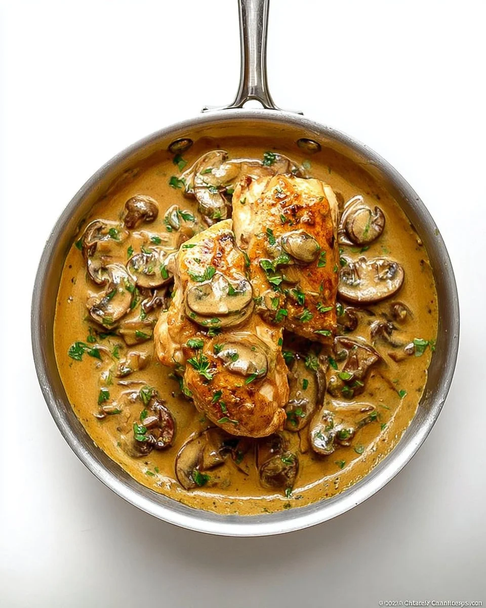 Juicy chicken breasts topped with a creamy mushroom sauce