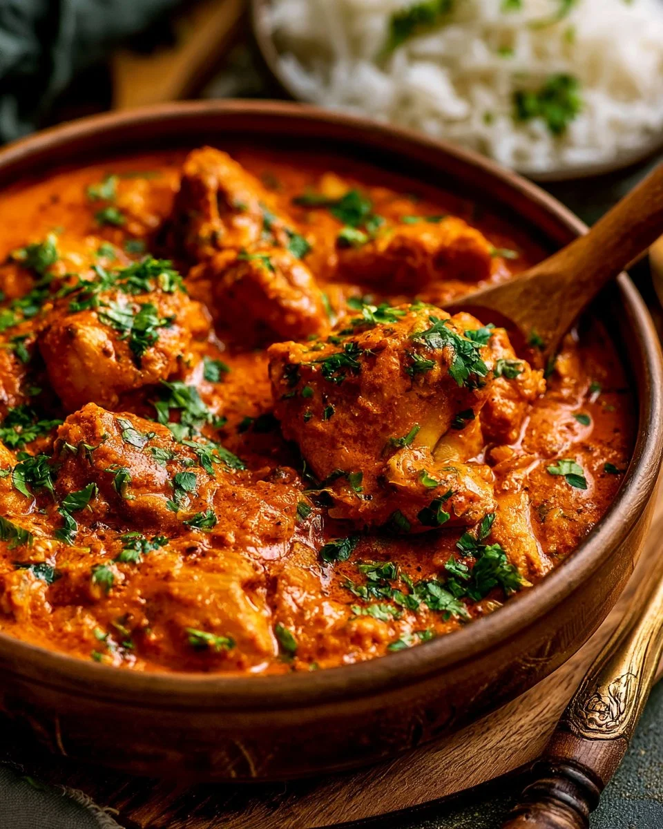 Delicious chicken curry with coconut cream served in a bowl